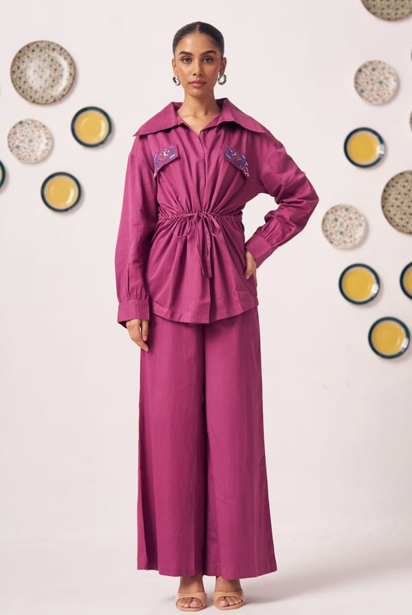 Purple Cotton Satin Embroidered Pocket Shirt Top — Western Era