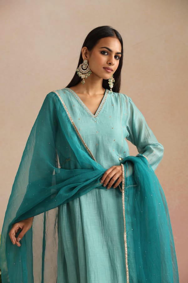 Ice Blue Silk Chanderi A-Line Embroidered Kurta Set — Trendy Tokari