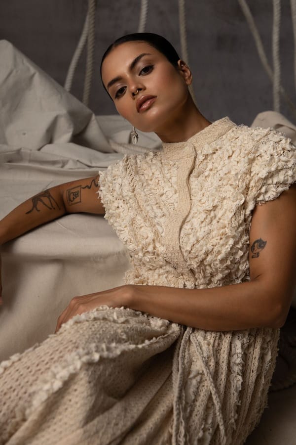 Lace Ruched Cotton Net Drawstring Dress — Kritika Murarka