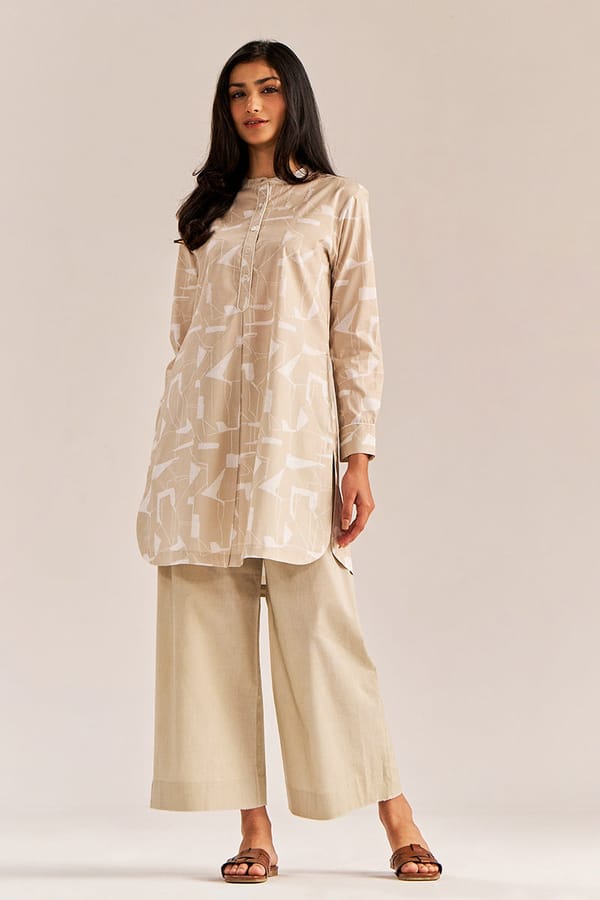 Beige and White Abstract Print Cotton Co-ord Set — Ganga Fashions Pvt Ltd