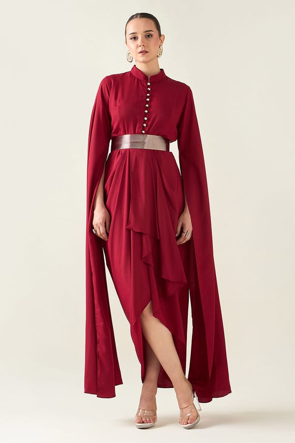Red Armour Drape Dress With Belt — Aakaar