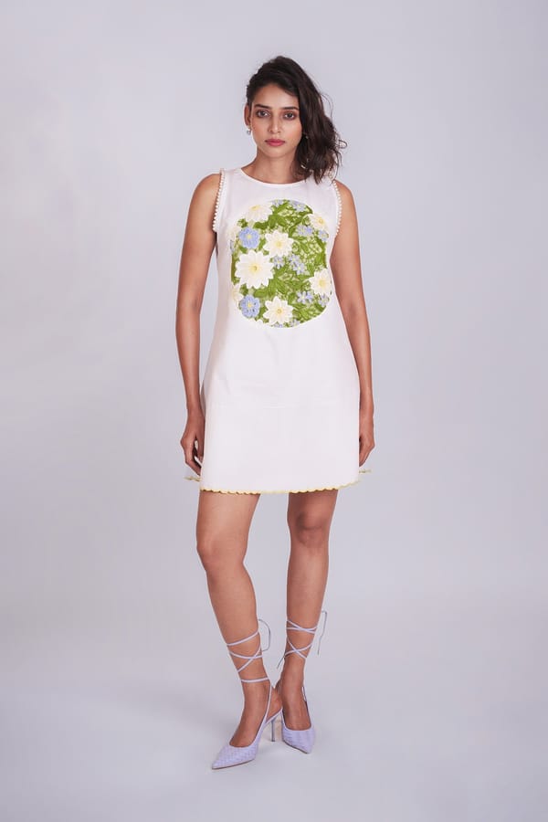 White Cotton Mini Shift Dress with Floral Embroidery — 9899