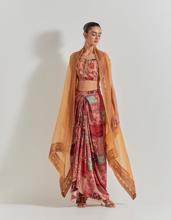Multicolour Printed Bustier, Draped Maxi Skirt and Cape Set — Kavita Bhartia