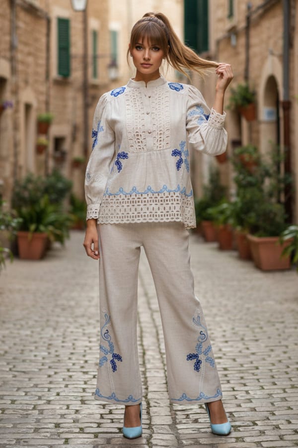 Cream Linen Embroidered Co-ord Set with Wide-Leg Pants — BOHO-CHIC
