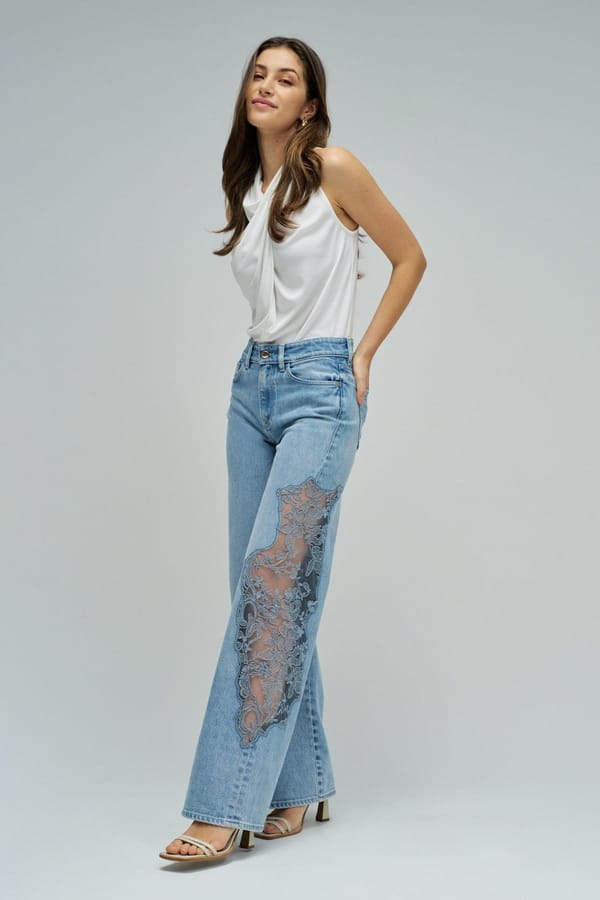 Light Wash High-Rise Wide-Leg Jeans with Sheer Lace Panels — SALSA JEANS