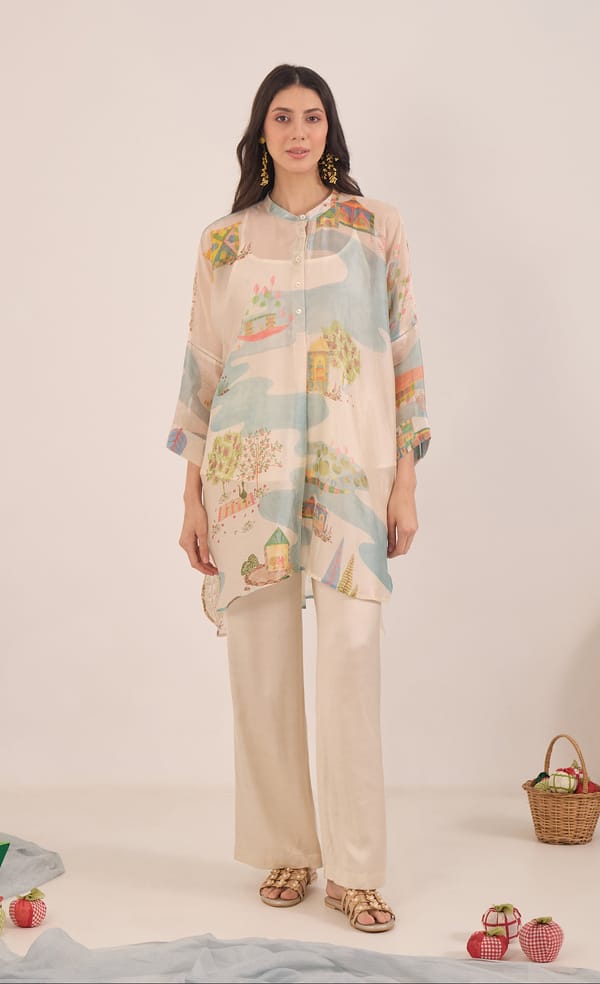 Ivory Printed Organza Tunic and Wide-Leg Pants Co-ord Set — SHIVANI BHARGAVA