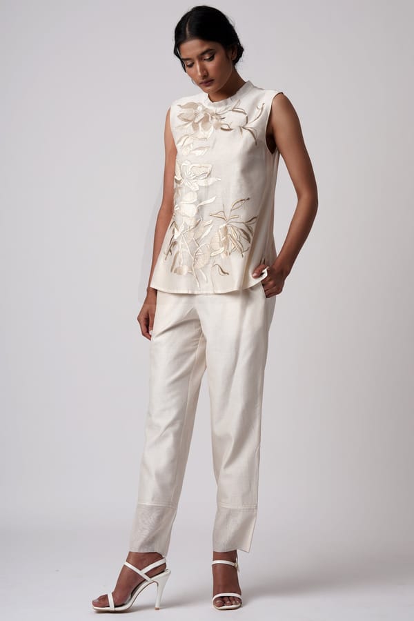 Vanilla Embroidered Sleeveless Co-ord Set with Tie-Up Back — Madder Much