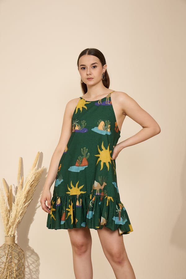 Green Tropical Print Halter Neck Mini Dress — GAIMA LABEL