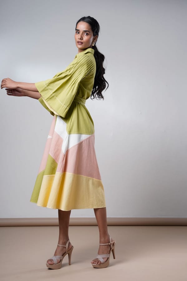 Colorblock Handloom Cotton Midi Shirt Dress with Belt — Madder Much