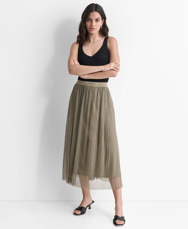 Olive Pleated Midi Skirt with Logo Waistband — DKNY