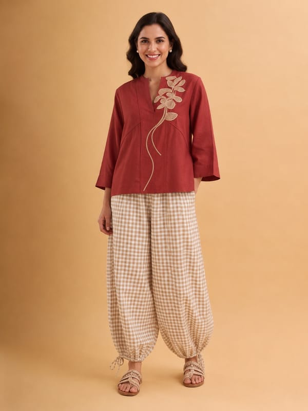 Brick Red Cotton-Linen Tunic Top with Floral Appliqué — ANISETTE