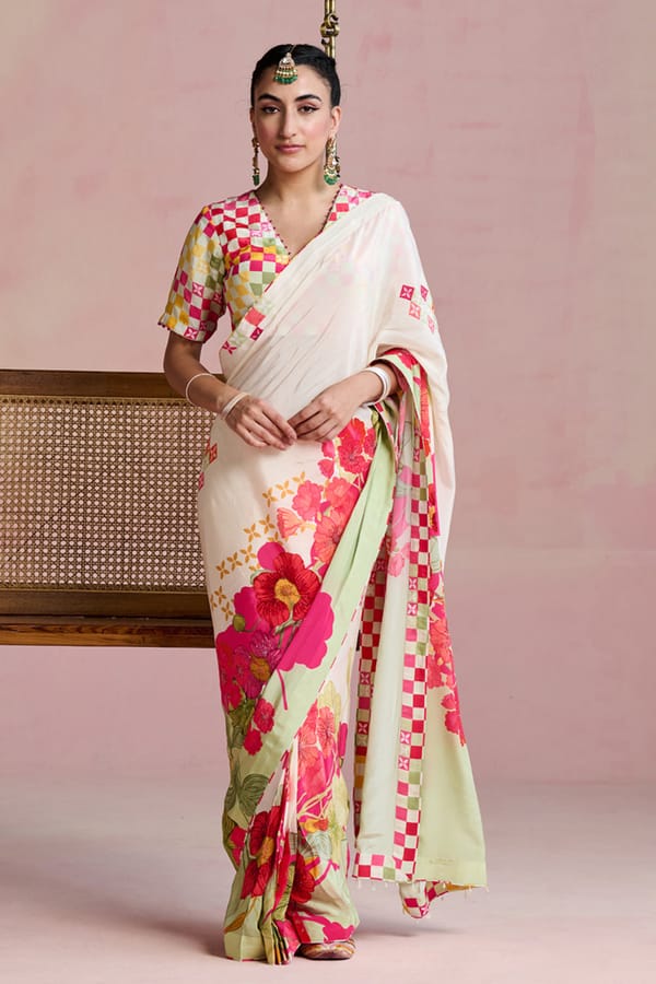Multicolor Floral Printed Crepe Saree Set with Blouse — NIRVAIR CLOTHING