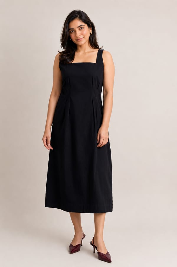 Black Cotton Square Neck Midi Dress — Loma Naturally
