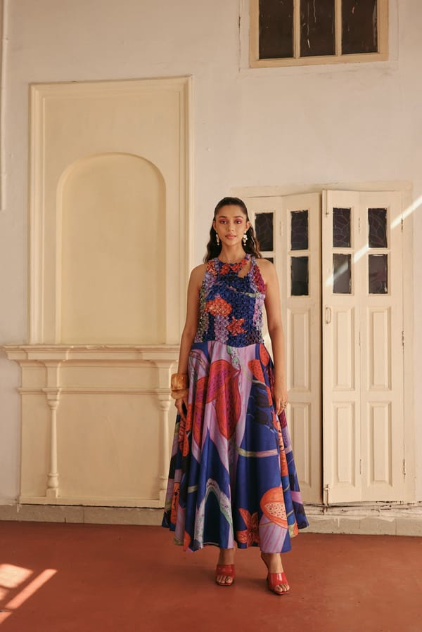 Multicolor Linen Maxi Dress with Textured Bodice — Zip by Payal Zinal