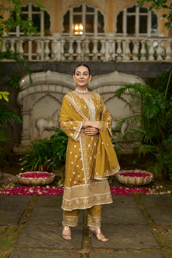 Yellow Organza Embroidered A-Line Kurta Set with Dupatta — NARAYANI VASTRA