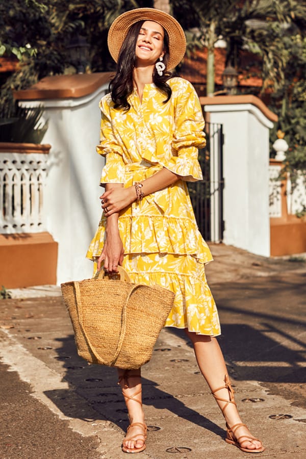 Yellow Printed Linen Tiered Midi Dress with Waist Tie — BOHO-CHIC