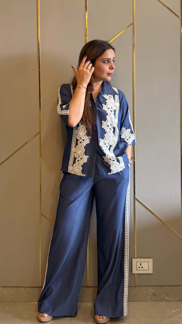 Denim Blue French Lace Shirt and Pants Co-ord Set — Kylee Fashions
