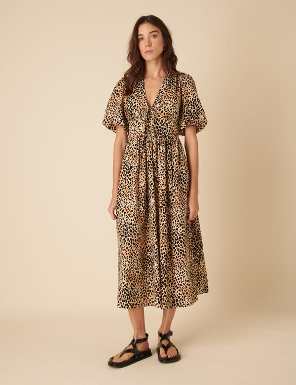 Brown Leopard Print V-Neck Puff Sleeve Midi Dress — Nobody's Child