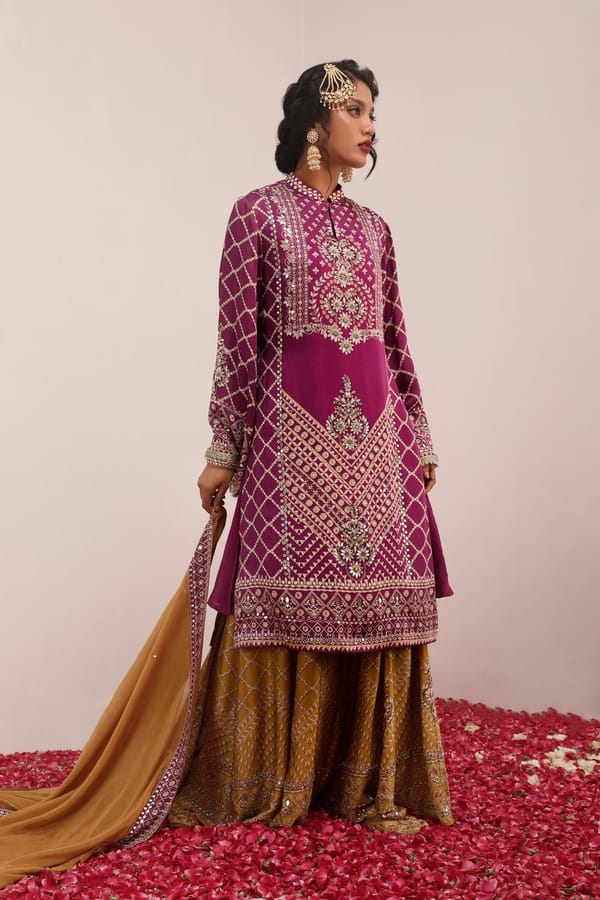 Purple and Mustard Mirror Work Printed Kurta Set — Surkh Syahi