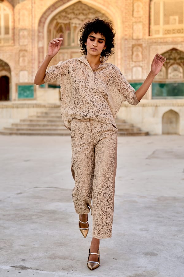 Beige Cord-Embroidered Lace Straight-Leg Trousers — Dash and Dot