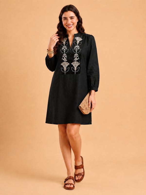 Black Knee-Length Embroidered Shift Dress — ANISETTE