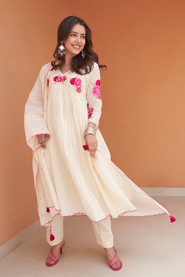 Cream Mul Mul Embroidered Flared Kurta Set with Dupatta — SAMATVAM
