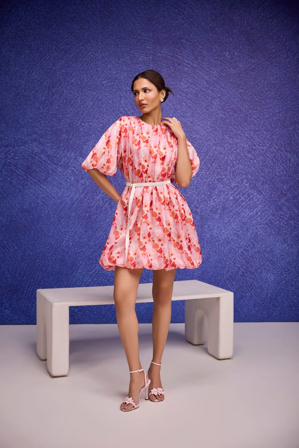 Red Silk Organza Printed Bubble Hem Mini Dress — Tara & I