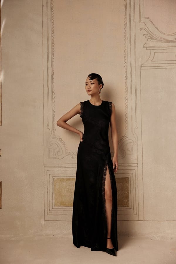 Black Satin Bias-Cut Maxi Gown with Lace Slit — Sage by Mala