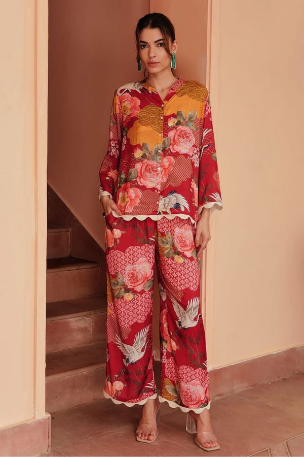 Red Printed Katan Silk Shirt and Wide-Leg Co-ord Set — BOHO-CHIC