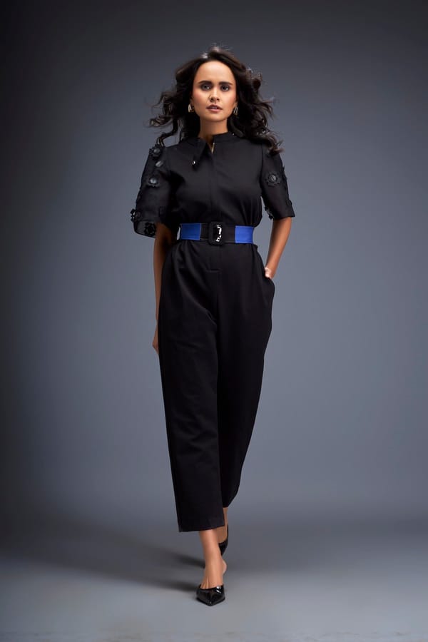 Jumpsuit with Puffed Sleeves and Dual Belt — Deepika Arora