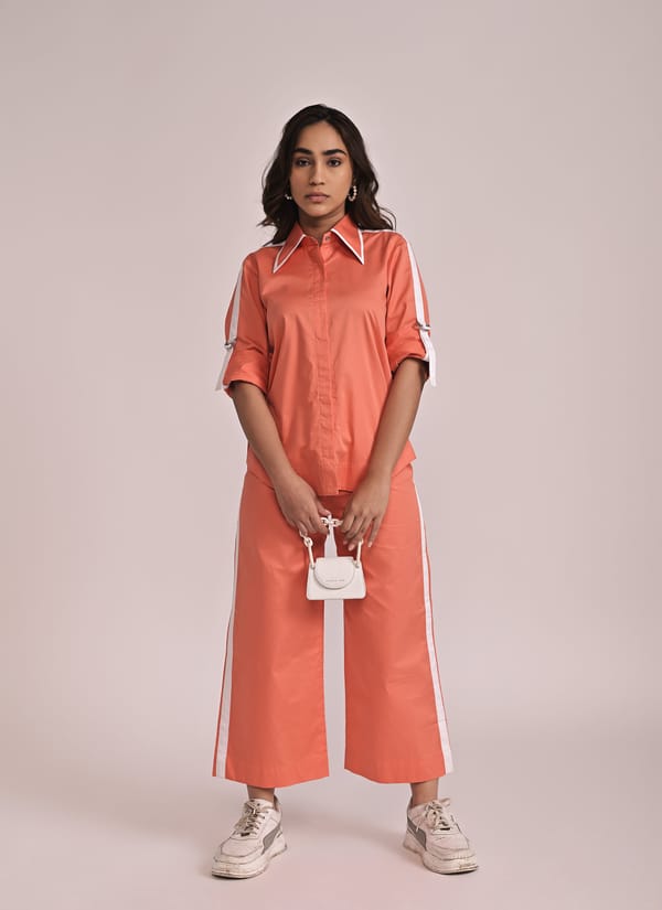 Orange Cotton Satin Shirt and Wide-Leg Pants Co-ord Set — Escape By Aishwarya