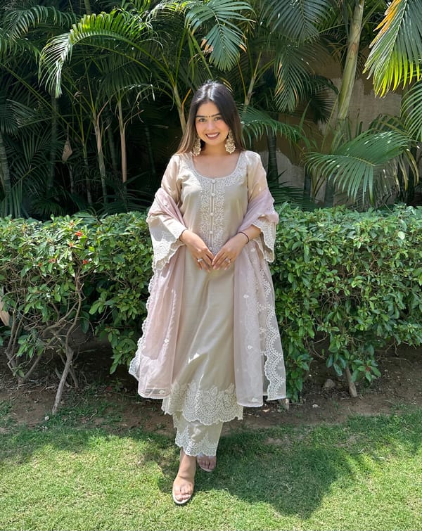 Beige Chanderi Silk Embroidered Straight Suit Set — NARAYANI VASTRA