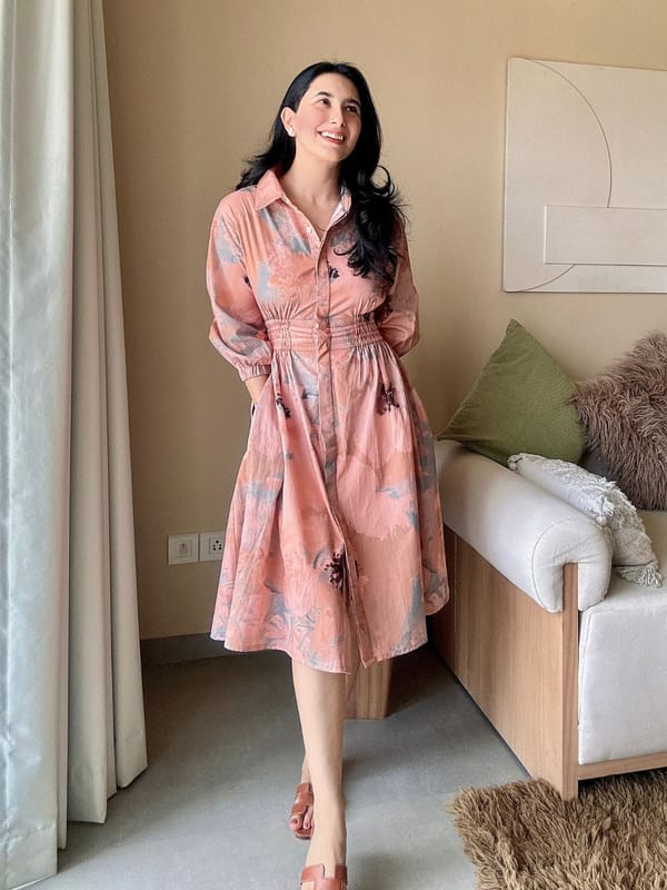 Pink Floral Smocked-Waist Midi Shirt Dress — HOUSE OF FETT