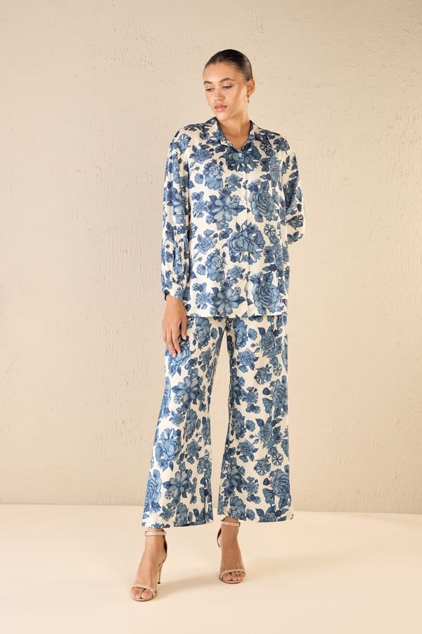Blue Blossom: Oversize Shirt Co-Ord Set — SHIVANI BHARGAVA