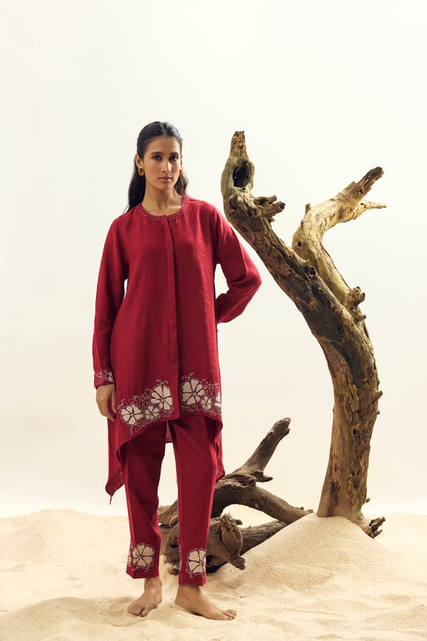Crimson Linen Tunic and Tapered Pants Co-ord Set — Linen Bloom