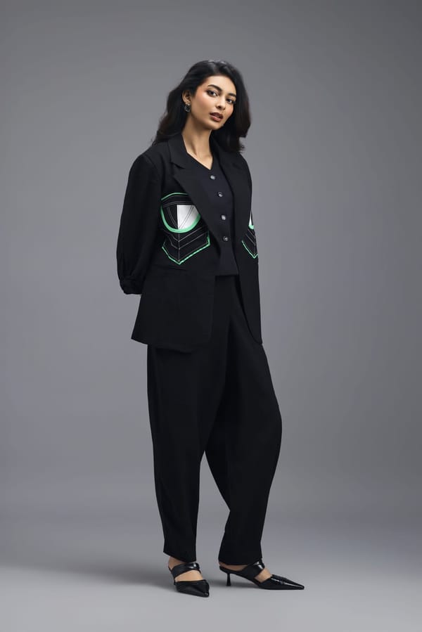 BLACK CO-ORD SET WITH PATCH DETAIL BLAZER — Deepika Arora