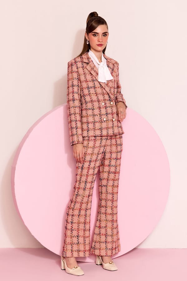 Pink Checked Tweed Blazer and Flared Pants Co-ord Set — AVERIE