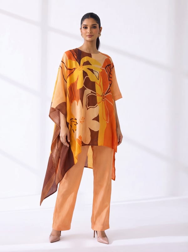 Brown Printed Satin Kurta Set with Straight Pants — CLOS