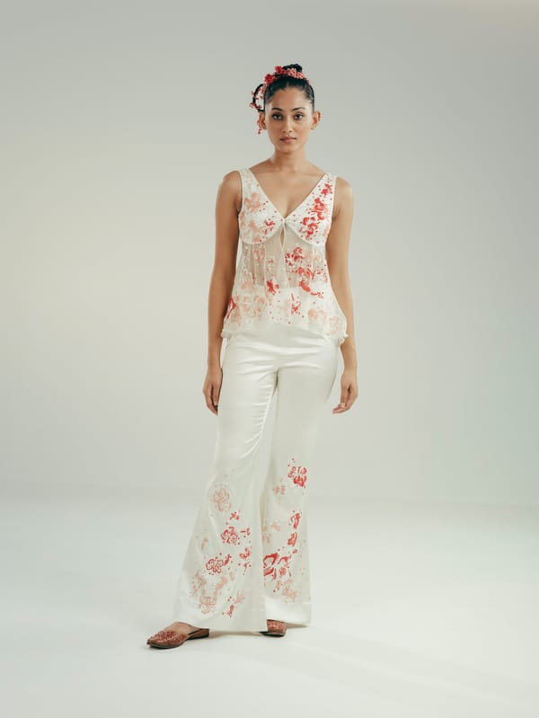 White Satin Top and Flared Pant Co-ord Set with Floral Embroidery — Vrinda Soni