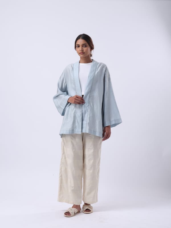 Chamray Blue Hand Embroidered Bell Sleeve Shrug — Subtle Shuttle Studio