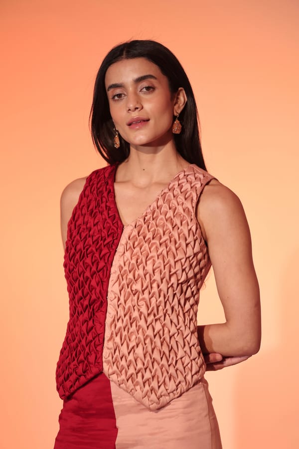Red/Light Pink Smocked Colorblock Waistcoat Top — MANVI DAGA STUDIO