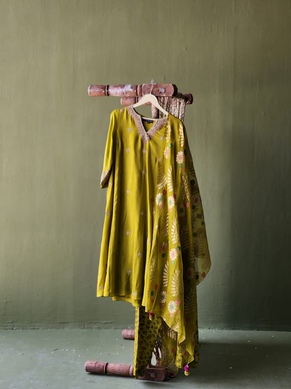 Mehendi Green Semi-Flared Embroidered Kurta Set — Pooja Singhal