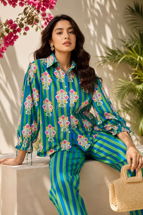Green Blue Striped Floral Shirt and Trouser Co-ord Set — Designs by Queen Bee