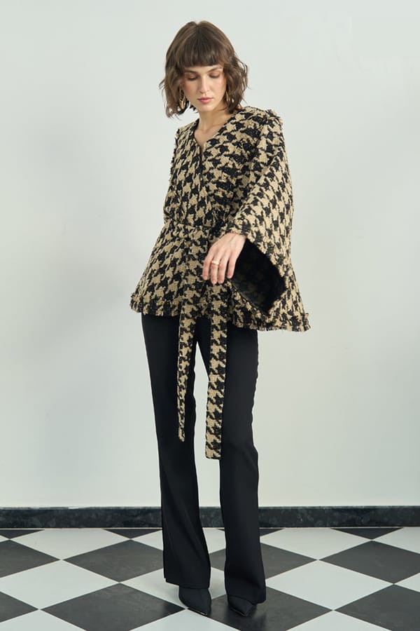 Gold/Black Tweed Houndstooth Belted Cape — AVERIE