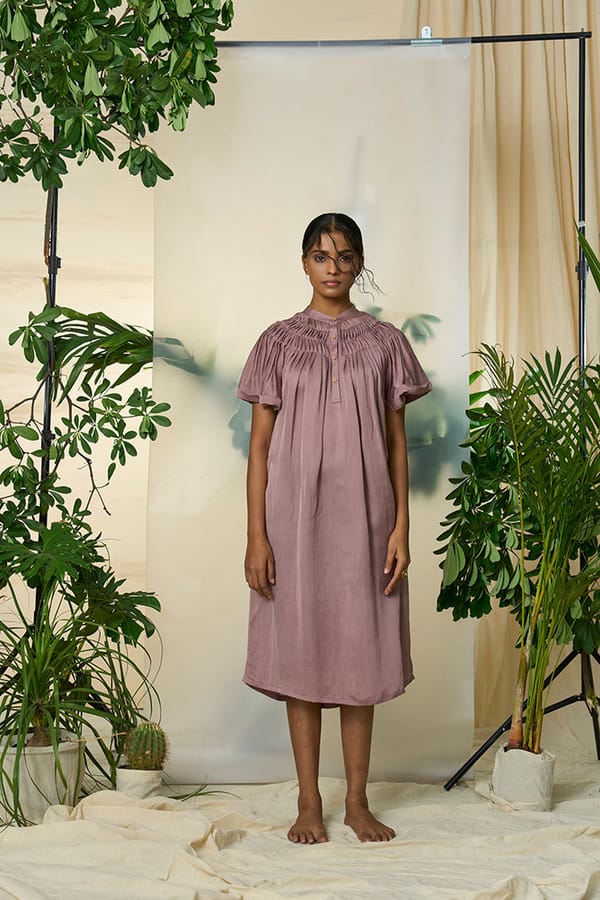 Pink Eucalyptus Silk Smock Dress with Button Neck — ALTER NATIVE