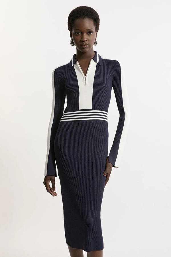 Navy and White Rib-Knit Bodycon Midi Dress — KAREN MILLEN