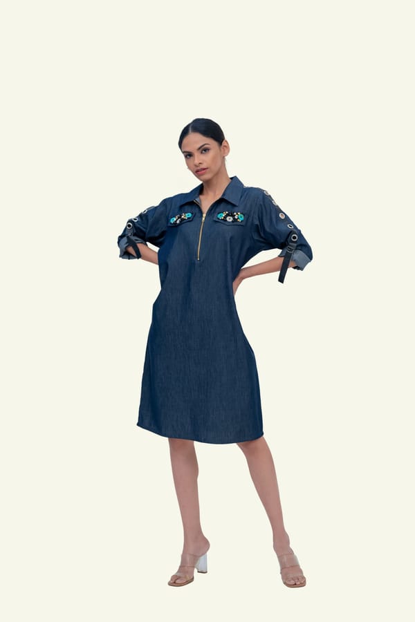 Denim Cotton Dress with Embroidery on Pockets — Richa Goenka