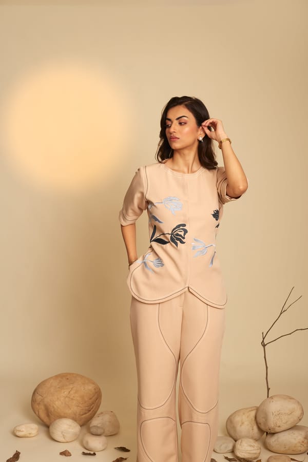 Beige Embroidered Co-ord Set with Wide-Leg Pants — An'era by Asmita Verma