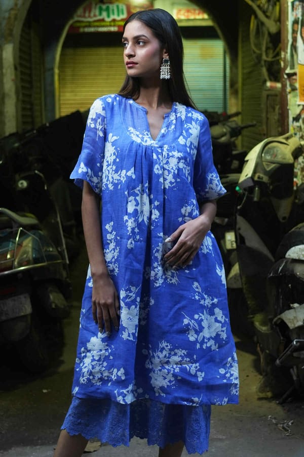 Blue Floral Print Linen Midi Dress — YELL