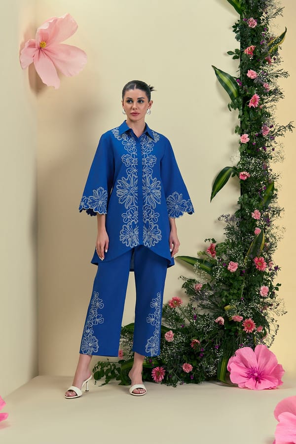 Blue Embroidered Tunic and Straight Pant Co-ord Set — Origani